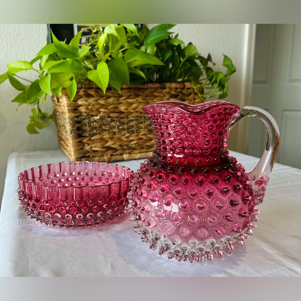 Lot of 2 - Vintage Cranberry Hobnail Large Pitcher & Dew Drop Glass Bowl | 1950s